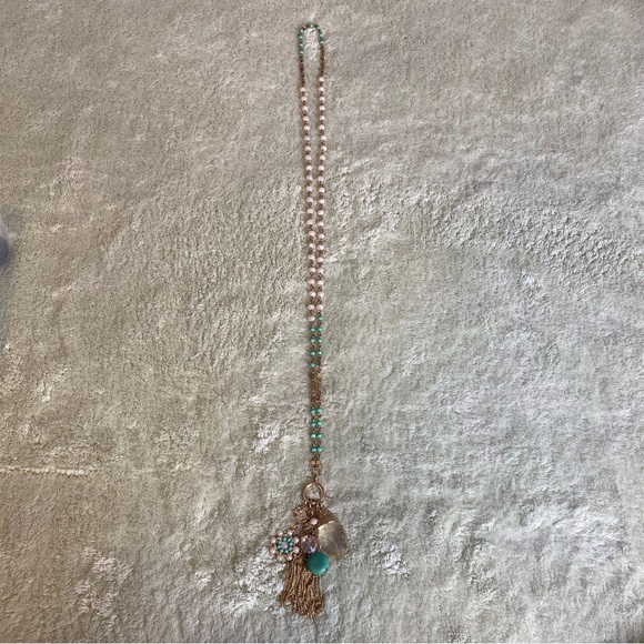 Long Chain and Pendant Turquoise and Gold Fashion Necklace - Picture 3 of 3